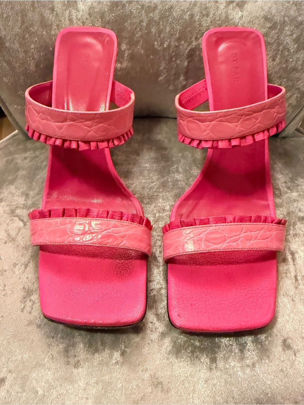 BY FAR Pina Ruffled Croc-Effect Leather Mules